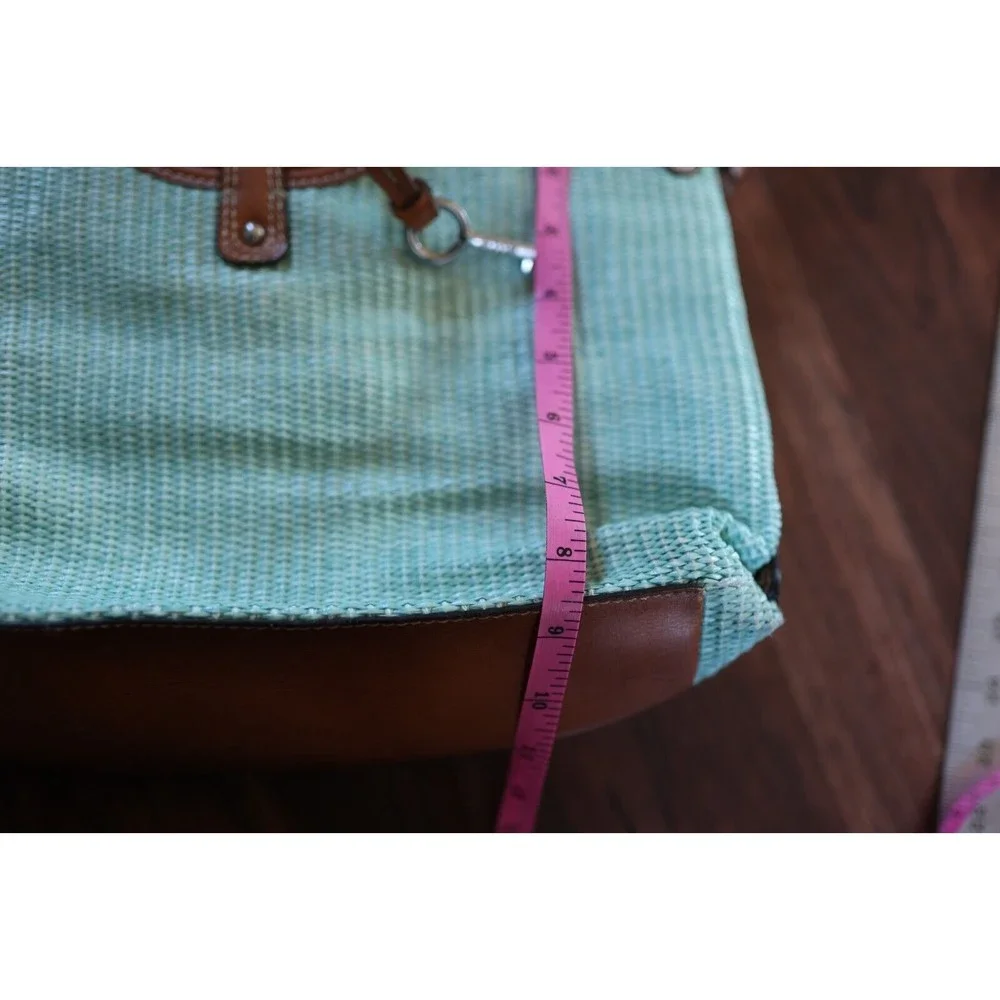 VTG Fossil 1954 Classic Seafoam Green Woven Rattan Wood Handles Strap Bag Purse